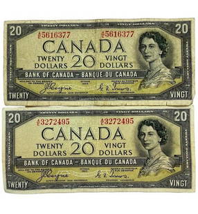 Lot of 2- Authentic Rare 1954 Devils Face 20 Dollar Bank Note: Lot of 2- Authentic Rare 1954 Devils Face 20 Dollar Bank Note  Own a piece of history with our Authentic Rare 1954 Devils Face 20 Dollar Bank Note. This remarkable artifact showcases the unique and ic