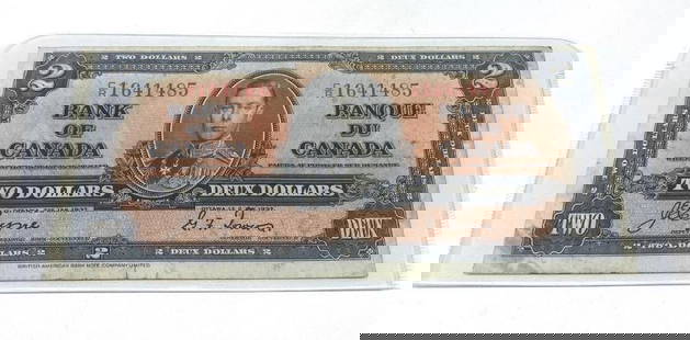 1937 Bank Of Canada $2 Bank Note - CR1641485: 1937 Bank Of Canada $2 Bank Note - C/R 1641485 - J.E. Coin &amp; Towers.   Please View Photos For More Details.