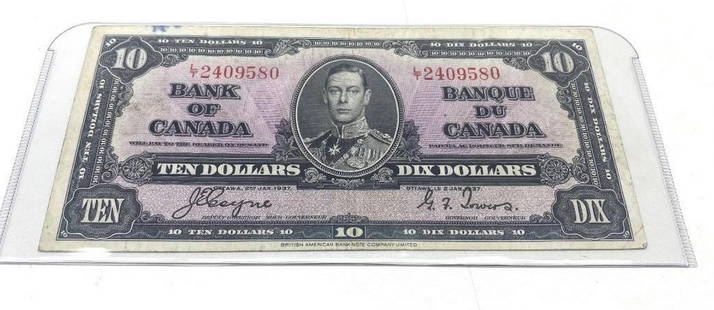 1937 Bank Of Canada $10 Bank Note - L/T 2409580 - Coyne & Towers: 1937 Bank Of Canada $10 Bank Note - L/T 2409580 - Coyne &amp; Towers.  Please View Photos For Further Details.