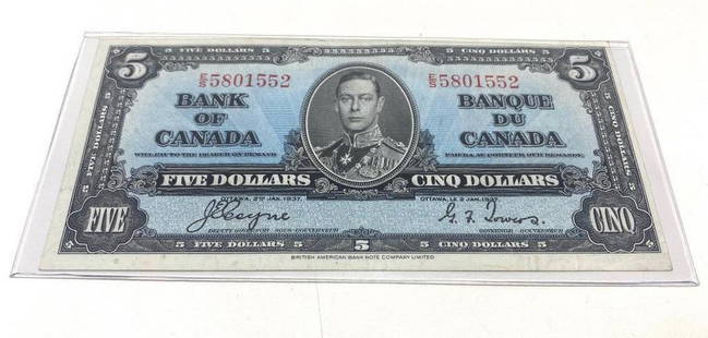 1937 Bank Of Canada $5 Bank Note - E/S 5801552 - Coyne & Towers: 1937 Bank Of Canada $5 Bank Note - E/S 5801552 - Coyne &amp; Towers.   Please View Photos For Further Details.