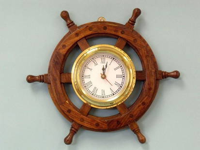 12" Premium Classic Wood and Brass Ship Wheel Clock: 12&#34; Premium Classic Wood and Brass Ship Wheel Clock  Enrich your maritime decor with the 12&#34; Premium Classic Wood and Brass Ship Wheel Clock, a harmonious blend of elegance and nautical allure
