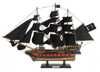 Black Bart's Royal Fortune Model Pirate Ship w Black Sails and Wooden Accents: Black Bart&#39;s Royal Fortune Model Pirate Ship w Black Sails and Wooden Accents.  This exquisitely constructed sailing ship is highlighted by fine craftsmanship and attention to detail. This Royal F