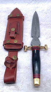 15 1/2" Brass & Wooden Handled Damascus Shive Sword: 15 1/2&#34; Brass &amp; Wooden Handled Damascus Shive Sword With Stitched Leather Sheath An Excellent Hand Crafted Shive To Add To Any Collection.  High Quality steel is utilized to forge the finest p
