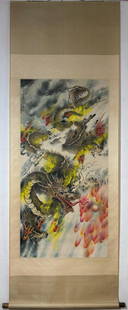 Hand painted Scroll Dragon Pursuing the Flaming Pearl: Hand painted Scroll Dragon Pursuing the Flaming Pearl In this dramatic scroll painting by Zhang Daqian, a mighty dragon coils through swirling clouds, its powerful form illuminated by yellow flames t