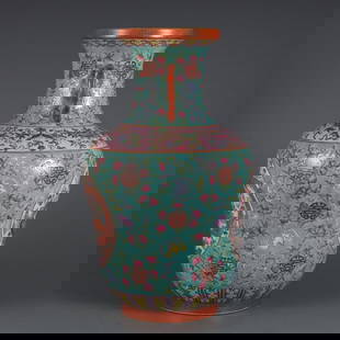 Famille Rose Vase with Fushou, Dragon, and Phoenix Motifs: Famille Rose Vase with Fushou, Dragon, and Phoenix Motifs  An outstanding Qing Qianlong mark porcelain vase featuring a luminous turquoise-green ground, exquisitely decorated in the famille rose palet