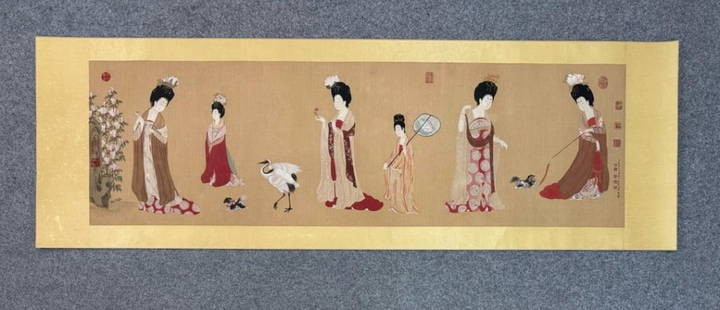 Graceful Women and Birds: Graceful Women and Birds  This captivating handpainting on silk-mounted paper inspired by Jiao Bingzhen, Leng Mei, and Chen Mei features six elegant women, each dressed in traditional Chinese robes an