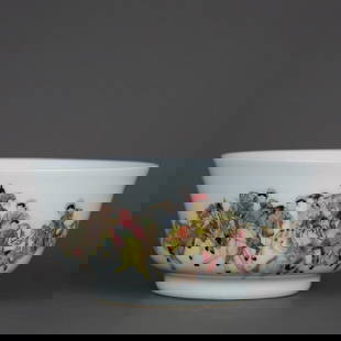 Famille Rose Equestrian Bowl with Dynamic Riders: Famille Rose Equestrian Bowl with Dynamic Riders  A vibrant famille rose porcelain bowl inspired by the Qing Dynasty, bearing the Yongzheng reign mark, depicting a lively equestrian scene. The exterio