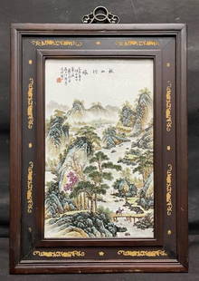 Zhushan Eight Friends Wang Yeting Famille Rose Landscape Porcelain Plaque: Zhushan Eight Friends Wang Yeting Famille Rose Landscape Porcelain Plaque  A finely detailed porcelain plaque by Wang Yeting, a renowned member of the Zhushan Eight Friends. This exquisite piece showc
