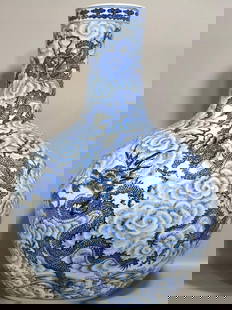 Blue and White Nine Dragons Celestial Vase: Blue and White Nine Dragons Celestial Vase  This magnificent large vase features nine dynamic dragons soaring through swirling clouds, masterfully painted in rich cobalt blue. Symbolizing power, stren