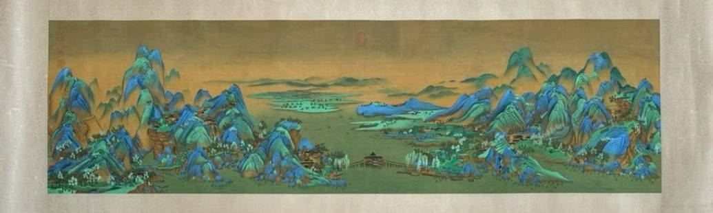 Qiu Ying Landscape Silk Painting: Qiu Ying Landscape Silk Painting   A masterful silk painting by Qiu Ying, showcasing a breathtaking landscape scene. The intricate brushwork and delicate details capture the beauty of nature, reflecti