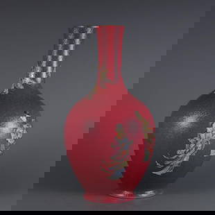 Qianlong Carmine-Ground Famille Rose Gall Bottle with Seven Fairies: Qianlong Carmine-Ground Famille Rose Gall Bottle with Seven Fairies   This exquisite Qianlong-period famille rose gall bottle features a striking carmine-red ground adorned with a finely painted Seven