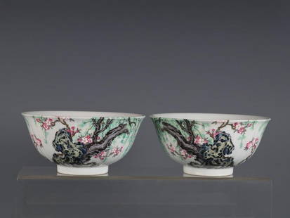 Qing Yongzheng Period Enamel Apricot Forest Spring Oat Melon Bowl Pair: Qing Yongzheng Period Enamel Apricot Forest Spring Oat Melon Bowl Pair  A pair of exquisite Qing Dynasty Yongzheng-era enamel bowls, finely decorated with intricate apricot blossoms, spring foliage, a