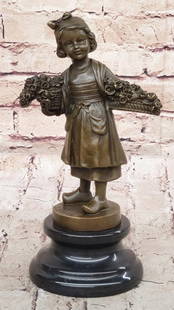 Young Girl Carrying Flower Basket Inspired Bronze Statue - 9.5" x 5": Young Girl Carrying Flower Basket Inspired Bronze Statue - 9.5&#34; x 5&#34;   This signed bronze sculpture by Daste beautifully captures a young girl carrying a basket of flowers, evoking innocence a