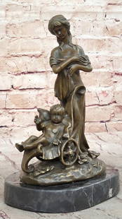 Mother with Child in Stroller Original Bronze Statue - 10.5" x 6.5": Mother with Child in Stroller Original Bronze Statue - 10.5&#34; x 6.5&#34;   This beautiful tabletop sculpture of a Mother &amp; Child by renowned artist Milo captures a tender moment between a mothe