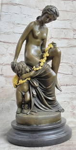 Cherub and Woman Bronze Sculpture by Milo - 13" x 6": Cherub and Woman Bronze Sculpture by Milo - 13&#34; x 6&#34;  This enchanting bronze sculpture by Milo captures a tender moment between a playful cherub and a graceful woman. The cherub, full of curio