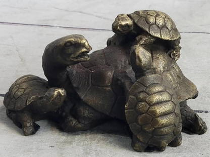 Signed Original Turtle Family Bronze Sculpture - 3.5" x 3.5": Signed Original Turtle Family Bronze Sculpture - 3.5&#34; x 3.5&#34;  The mother turtle can be seen here with three of her offspring along a marshy bed of a lake. Before they venture off into the wild