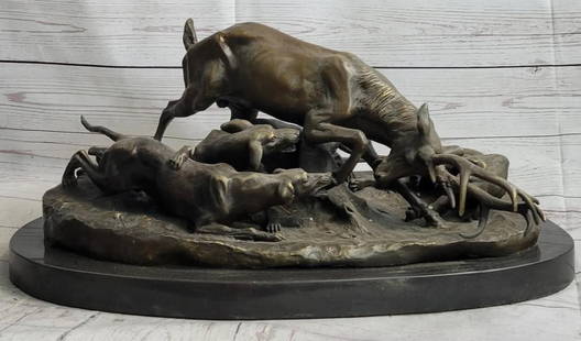 Barye Inspired Wild Dog Pack Hunting Elk Bronze Sculpture - 10" x 20": Barye Inspired Wild Dog Pack Hunting Elk Bronze Sculpture - 10&#34; x 20&#34;  A brave elk is forced to defend himself against a pack of wild dogs eager to tear him to shreds. The canines have the elk