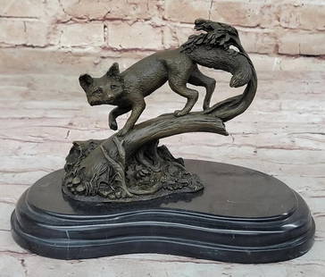 American Fox Scaling Tree Branch Original Bronze Statue - 7.5" x 9.5": this piece depicts an American Fox gracefully scaling a tree branch. The sculpture showcases the fox’s agility and poise in a natural setting, with its bushy tail and detailed fur texture captured i