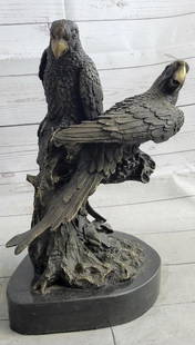 Signed Milo Original Pair of Parrots Bronze Sculpture On Marble Base - 14" x 12": Signed Milo Original Pair of Parrots Bronze Sculpture On Marble Base - 14&#34; x 12&#34;  These two beautiful African gray parrot are one of kind for all you bird lovers. I see these two lovebirds and