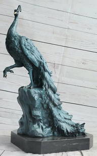 Wildlife Majesty: Elegant Male Peacock Original Bronze Art Sculpture Signed by Milo - 19.5" x 12": Wildlife Majesty: Elegant Male Peacock Original Bronze Art Sculpture Signed by Milo - 19.5" x 12" Embark on a journey of rediscovery as you witness the captivating allure of the peacock