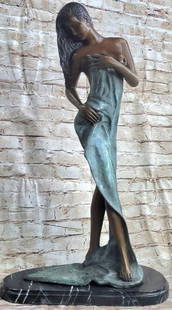 Serene Reflection Bronze Sculpture - 26" x 14": Serene Reflection Bronze Sculpture - 26&#34; x 14&#34;. A graceful original bronze sculpture inspired by and bearing the signature of artist Collett, of a woman gently draped in a flowing blue towel/s