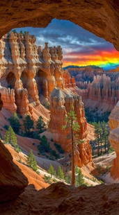 The Whispering Stones: The Whispering Stones  Through the shadowed embrace of a rugged cave, Bryce Canyon reveals itself—a breathtaking realm of towering hoodoos bathed in the fiery glow of the setting sun. The ancient ro