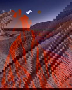 Echoes of the Moonlit Canyon: &#34;Echoes of the Moonlit Canyon&#34;  Beneath the vast night sky, the rugged canyons stand silent, illuminated by the soft glow of the rising moon. The red rock formations, sculpted by time and wind