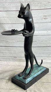 Bronze Standing Cat Card Holder Sculpture: Bronze Standing Cat Card Holder Sculpture  Chic and playful, this abstract bronze sculpture, bearing the signature of artist Milo, features a stylized cat standing upright on its hind legs, gracefully