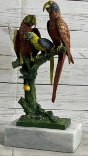 Tropical Harmony: Brazilian Parrot Family Bronze Sculpture: Tropical Harmony: Brazilian Parrot Family Bronze Sculpture  Bursting with vibrant life and color, this bronze sculpture, bearing the signature of artist Milo, features a charming Brazilian parrot fami