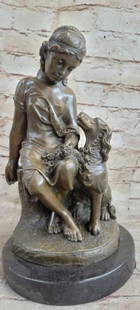 Timeless Companions: Bronze Girl with Puppy Sculpture: Timeless Companions: Bronze Girl with Puppy Sculpture  Capturing a tender moment of friendship, this classical bronze sculpture, bearing the signature of the artist Milo, features a young girl seated
