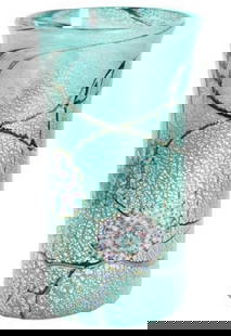 Aquamarine Murrine Vase with Silver Abstract Murano Glass Art: Aquamarine Murrine Vase with Silver Abstract Murano Glass Art  This captivating Murano glass vase blends shimmering aquamarine tones with embedded silver foil and intricate murrine details, forming an