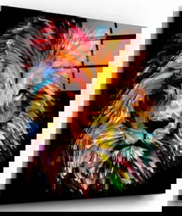 Abstract Lion Tempered Glass Wall Art: Abstract Lion Tempered Glass Wall Art  Bold and commanding, this tempered glass wall art showcases a lion&#39;s head rendered in large, expressive paint strokes bursting with vibrant color. Set agains