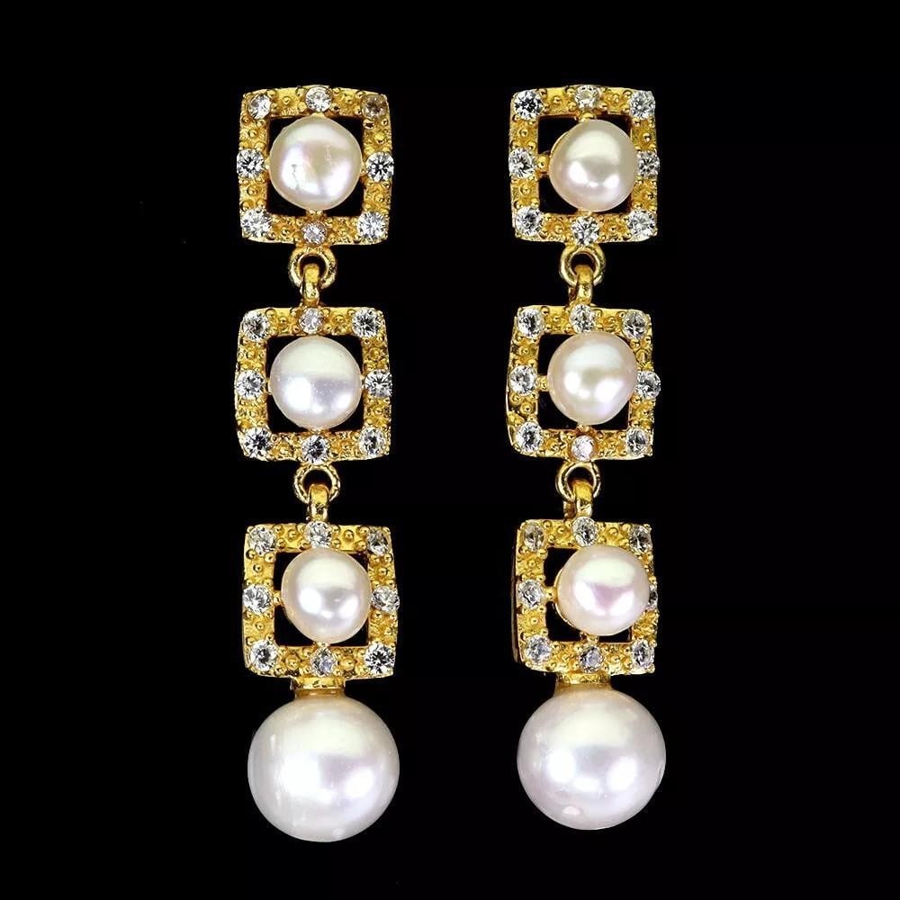 925 Sterling Silver Round Pearl Dangle Earrings 8mm (1 of 3)