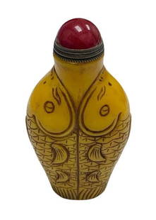 Exquisite Chinese Carved Glass Snuff Bottle With Nian Nian You Inspired Design And Stopper: Exquisite Chinese Carved Glass Snuff Bottle With Nian Nian You Yu Inspired Design And Stopper Nian Nian You Yu Is An Expression Commonly Used During The Chinese New Year To Wish Individuals Abundance