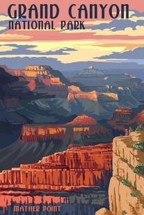 Mather Point-Grand Canyon National Park Poster: Mather Point-Grand Canyon National Park Poster  This giclée print poster features a breathtaking view of the Grand Canyon from Mather Point, capturing the vast expanse of layered red rock formations