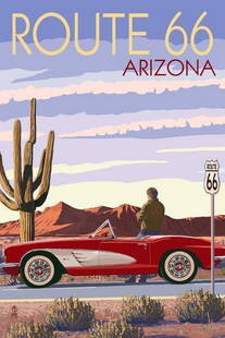 Art Print Poster Of Route 66 In Arizona: Art Print Poster Of Route 66 In Arizona. This art print poster beautifully depicts the legendary Route 66 in Arizona, with a striking red Corvette stopped along its sun-drenched road. The dynamic comp