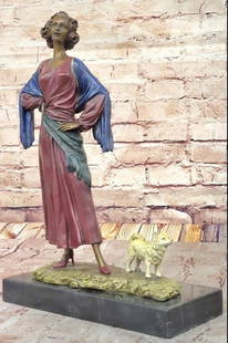 Bronze Sculpture In Vibrant Colors Of Spanish Woman With Dog: Bronze Sculpture In Vibrant Colors Of Spanish Woman With Dog. This exquisite Art Deco bronze sculpture is inspired by the artist J. Erté and bears his signature. This vibrant Art Deco-inspired