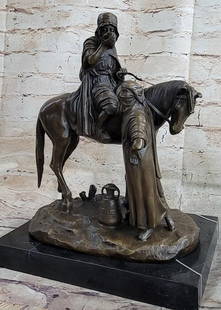 Arabian Man on Horseback Bronze Sculpture Statue Arab Horse Rider by Dubucand: Arabian Man on Horseback Bronze Sculpture Statue Arab Horse Rider by Dubucand Bronze Dimensions with Marble Base: Height 12 Inches x Width 10 Inches Marble Dimensions:9.5 Inches X 6.5 Inches 