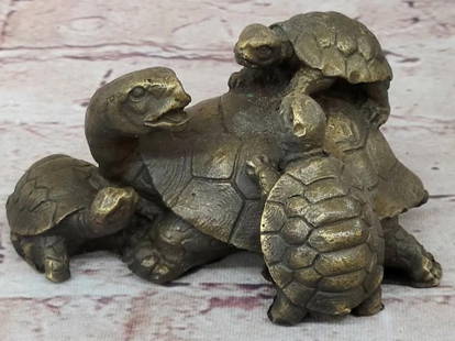 Signed Original Turtle Family Bronze Sculpture - 3.5" x 3.5": Signed Original Turtle Family Bronze Sculpture - 3.5&#34; x 3.5&#34;  The mother turtle can be seen here with three of her offspring along a marshy bed of a lake. Before they venture off into the wild