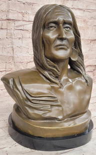 Whispers of Heritage Soul of The Native American Chief in Original Bronze Sculpture - 13.5" x 10": Whispers of Heritage Soul of The Native American Chief in Original Bronze Sculpture - 13.5&#34; x 10&#34;  Crafted by the esteemed artist Milo, this exceptional bronze bust sculpture pays homage to a