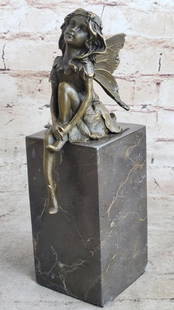 Original Austrian Vienna Bronze Angel Crafted On Rectangular Marble Base - 6lbs: Daydreamers will fall in love with this daydreaming fairy. Filled with youthful curiosity, she wanders around the mystical forest, her eyes taking in all the magic around her. She is lulled by the sof