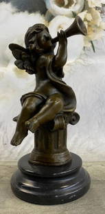 Moreau Inspired Cherub Boy Playing Trumpet Bronze Sculpture On Marble Base - 8" x 5": Moreau Inspired Cherub Boy Playing Trumpet Bronze Sculpture - 8&#34; x 5&#34;  This beautiful bronze statue depicts an adorable little cherub playing theTrumpet . It is part of a series of cherub musi