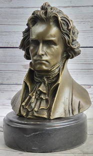 Original Ludwig van Beethoven Bronze Bust Sculpture on Marble Base Signed By Fisher - 8lbs: This beautiful bust of Beethoven is dressed in his full attire. He looks as if he is perplexed so he steps outside to smoke his pipe. His scroll of music sits next to him waiting for the next masterpi