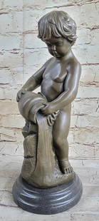 Singed Original Young Angelic Boy Pouring Water Bronze Sculpture On Marble Base - 13" x 5.5": Singed Original Young Angelic Boy Pouring Water Bronze Sculpture On Marble Base - 13&#34; x 5.5&#34;  A sweet little boy empties out a jug water. Gorgeous layers of hair adorn his head. The water is a