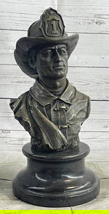 Original Memorial Firefighter Bronze Bust Statue Sculpture On Marble Base - 12lbs: Created In Honor Of America ?S Bravest. This Sculpture Is Cast In A Rich Real 100% Bronze . Truly A Presentation To Be Appreciated. This Is A Wonderful Piece Of A Brave Fire Fighter Bust Sculpture. A