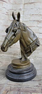 Bronze Horses Head Sculpture On Marble Base - 11lbs: This gorgeous bronze bust of a horse is unique and filled with a raging vibe of energy. The horse seems to be excited or spooked. He bends his head down towards his body as his hair flows upwards as i