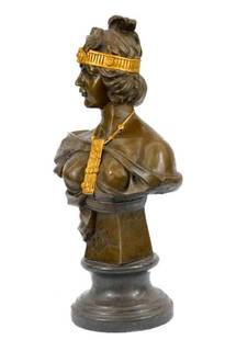 Art Nouveau Style Gold Patinated Two Tone Bronze Bust Female Figure - 12lbs: Presenting an exquisite bronze statue meticulously crafted by the talented Emmanuel Villanis, using the traditional lost wax casting process. This method ensures the creation of a high-quality bronze