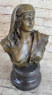 Signed Original Beautiful Maiden Semi Nude Bust Bronze Sculpture Marble Statue - 10lbs: The beautiful maiden bust shows, upon her delicate face, the subtlety of expression that transfers a great deal of emotionalism and realism. Her head falls in a sullen silence amidst the spinning of
