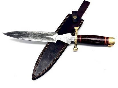 15 1/2" Brass & Wooden Handled Damascus Shive Sword: 15 1/2&#34; Brass &amp; Wooden Handled Damascus Shive Sword With Stitched Leather Sheath An Excellent Hand Crafted Shive To Add To Any Collection.  High Quality steel is utilized to forge the finest p