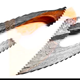 Hand Made Damascus Steel Forged Axe With Rose Wood Handle: A Hand Made Damascus Steel Forged Dwarvin Hatchet With Rosewood Handle. The Blade Of This Hatchet Helps Protect The Hand While Chopping. A Very Effective Design.  Each blade is created Using 256 Layer